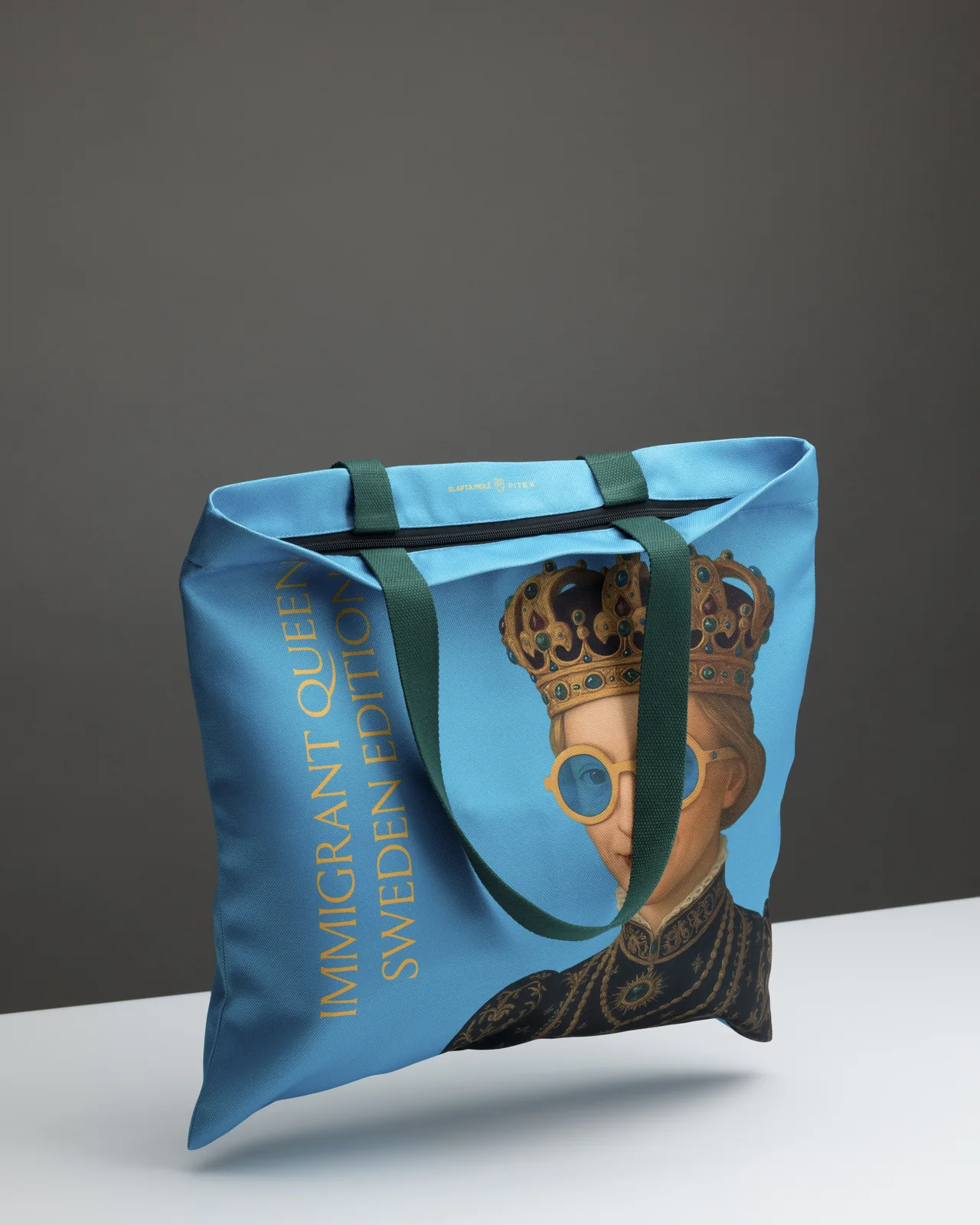 Blue “Queen Catherine” | IMMIGRANT QUEEN: Sweden Edition shopping bag, turned sideways