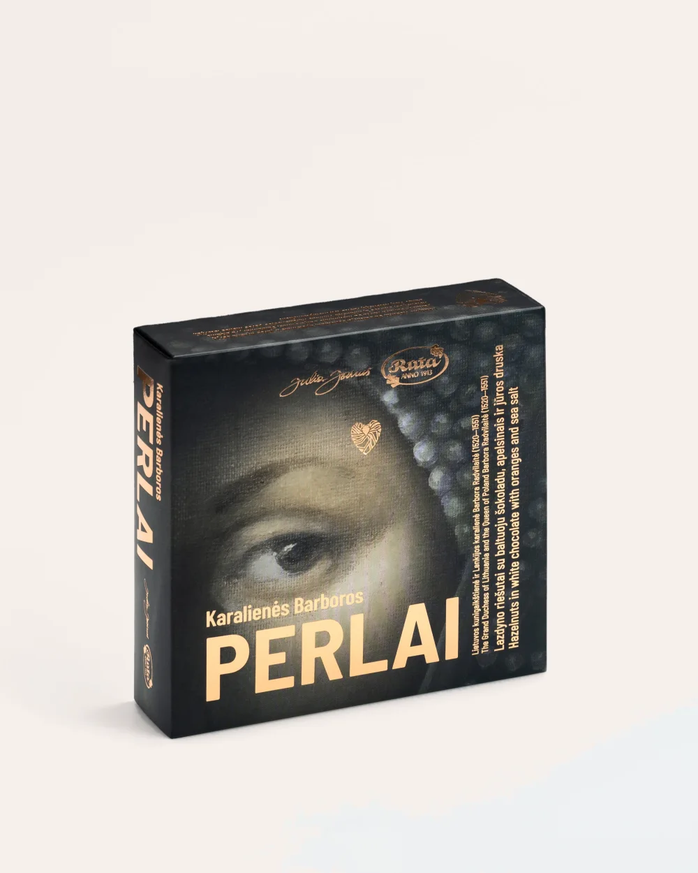 Stojące pudełko cukierków „Perły królowej Barbary” z napisem „Perlai” (Perły) i fragmentem obrazu