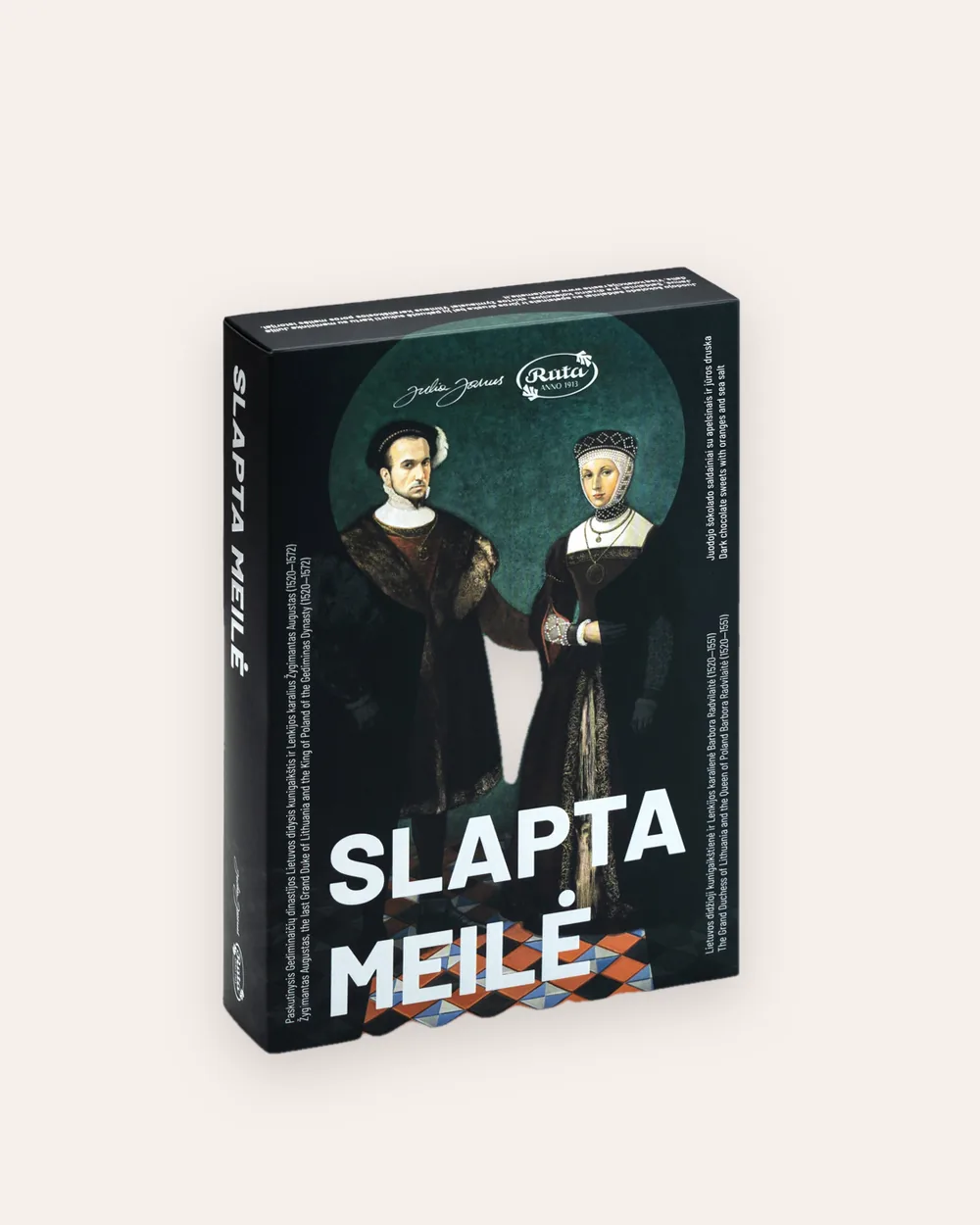 Box of “Slapta meilė” dark chocolate sweets with a portrait of Barbara and Augustus, front view
