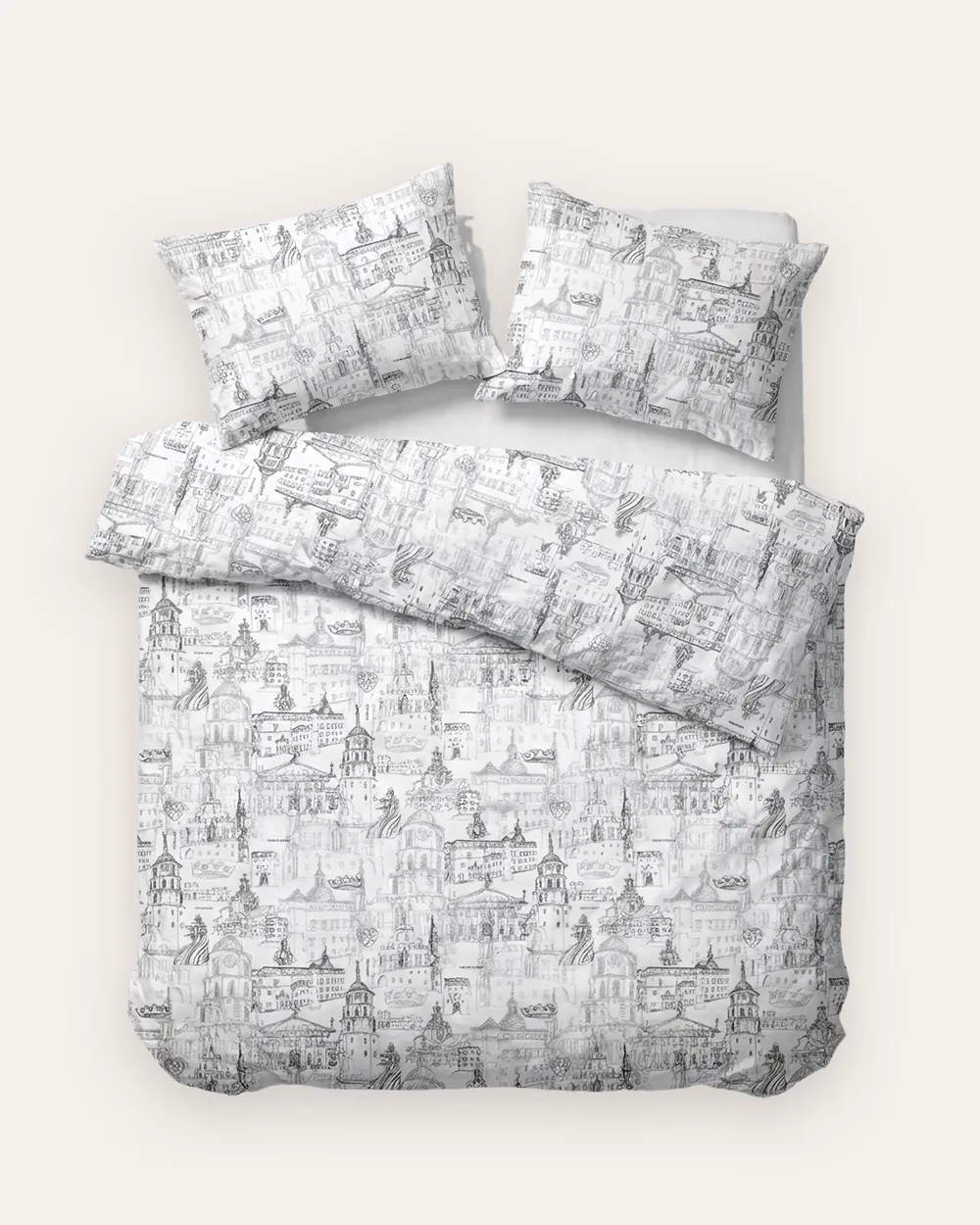 White satin bedding set “Royal Vilnius Love Story” with a Vilnius drawing on a bed