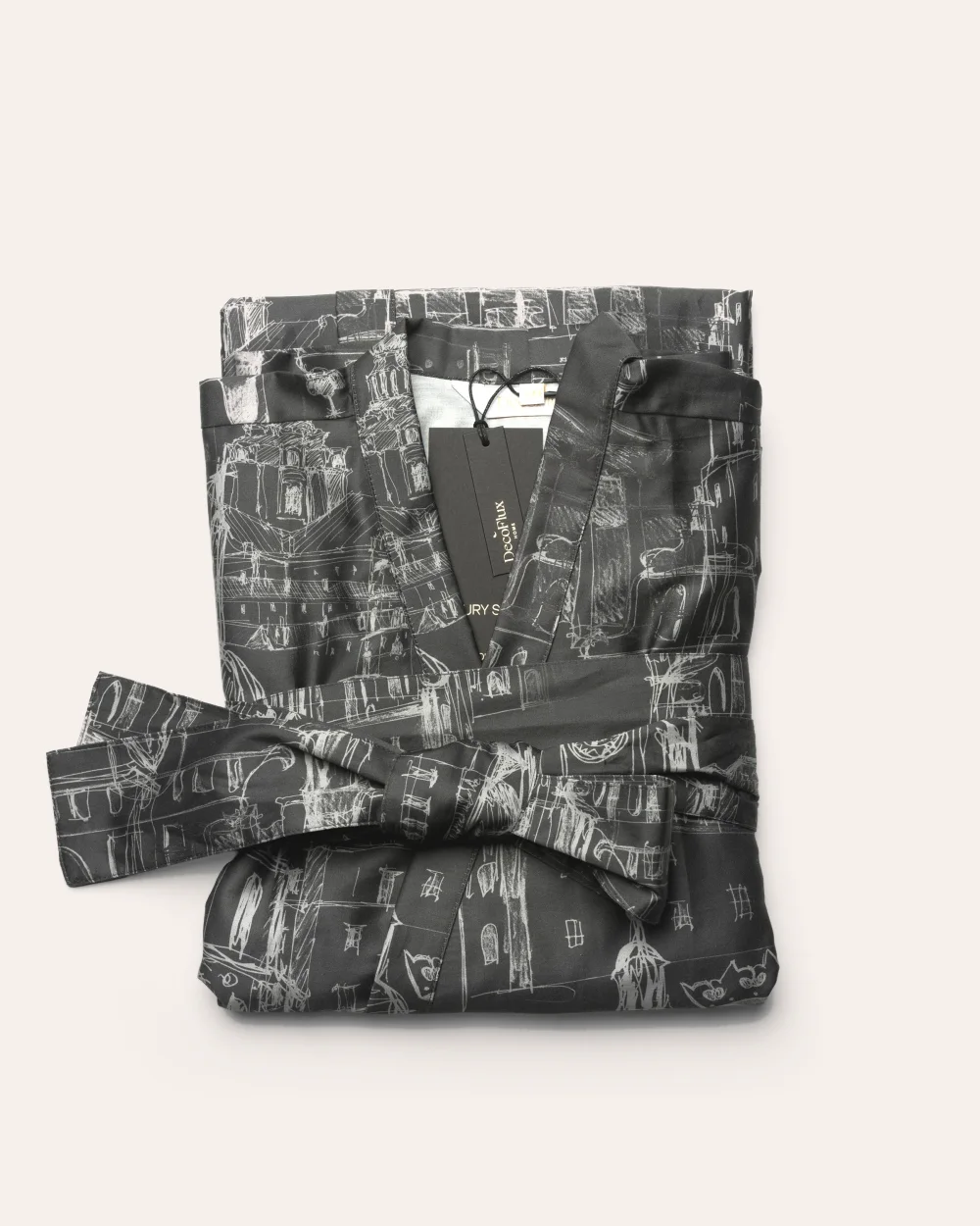 A folded anthracite “Royal Vilnius Love Story” satin kimono robe with a belt