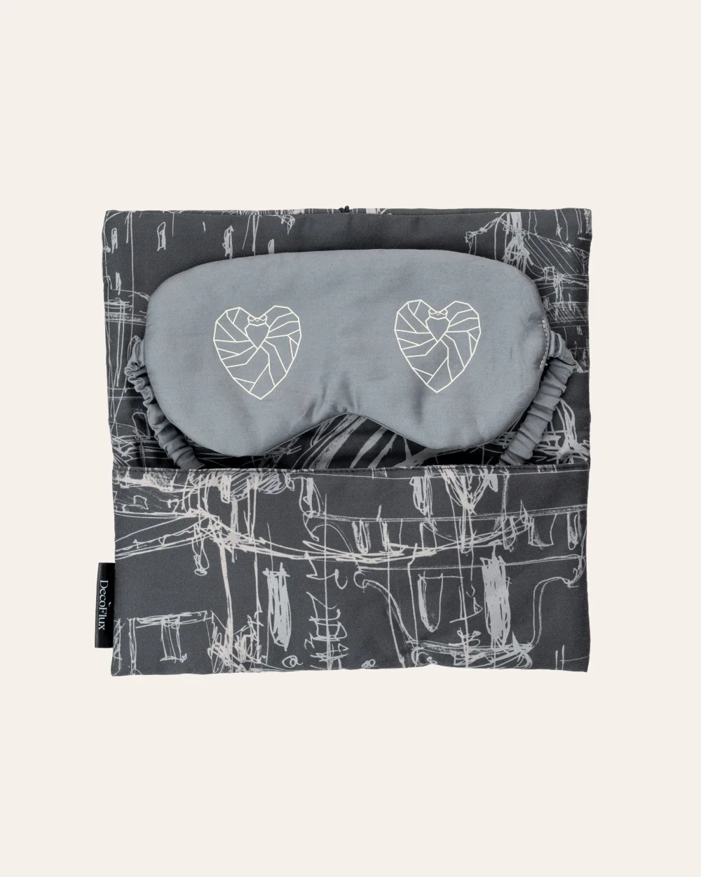 Grey “Royal Vilnius Love Story” satin sleep mask in an open dark case