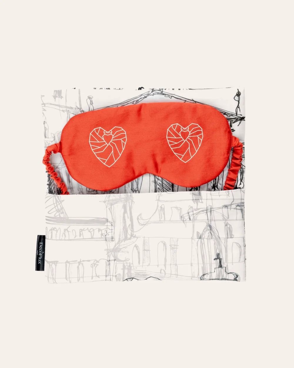 Red “Royal Vilnius Love Story” satin sleep mask in an open white case