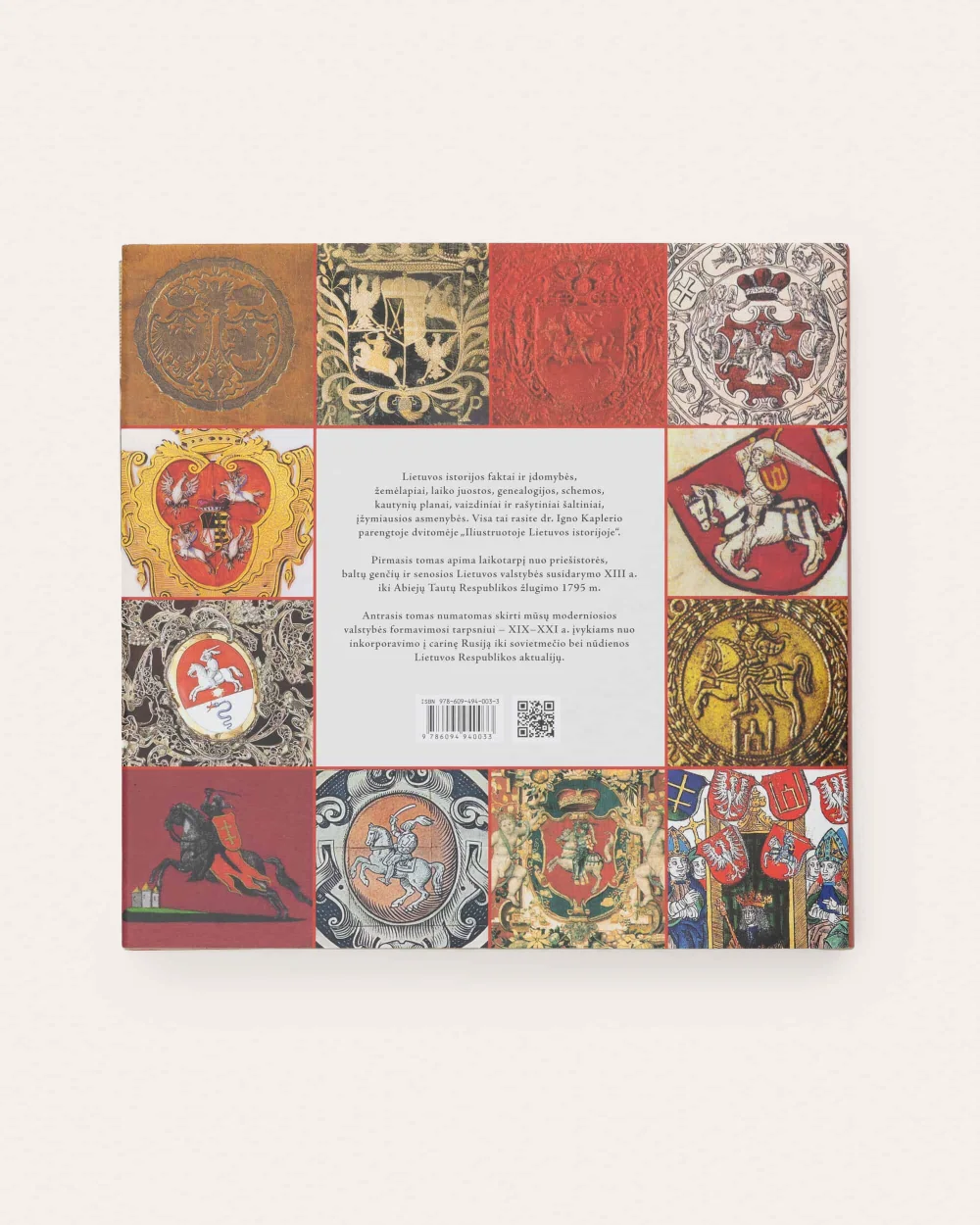 Back cover of the book “Illustrated History of Lithuania. Volume I” with a collage of coats of arms