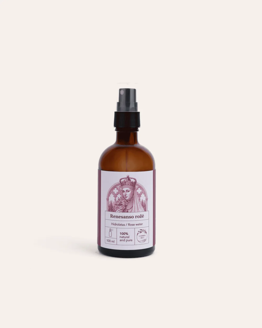 “Renaissance Rose” rose hydrosol in a brown spray bottle with a pink label