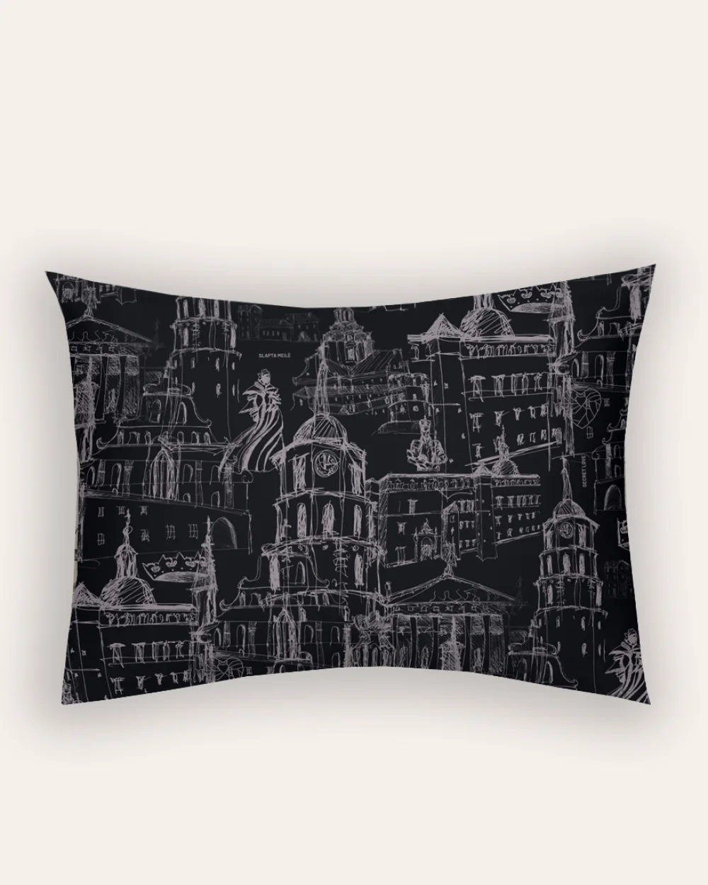 Anthracite satin pillowcase “Royal Vilnius Love Story” with a light drawing of Vilnius buildings