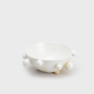 Medium pearl white “The Queen's Pearl Bowl” with beads on a light background