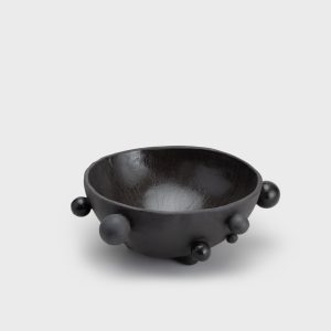 Medium matte black “The Queen's Pearl Bowl” with beads on a light background