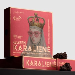 Box of “Queen Barbara Radziwiłł” sweets with a portrait, and sweets on a black shelf
