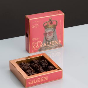 Upright box of “Queen Barbara Radziwiłł” sweets and an open tray of sweets