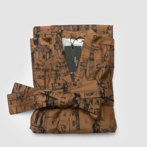 A folded cinnamon “Royal Vilnius Love Story” satin kimono robe with a belt