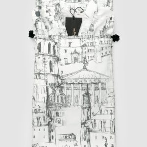 A folded white “Royal Vilnius Love Story” kimono robe on a drawstring bag