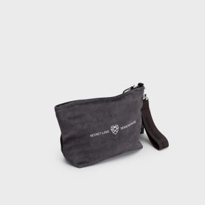 Smaller dark grey “Augustus” cosmetic bag from the back with a heart logo and a handle