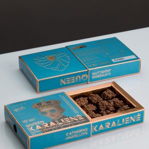 Two boxes of “Queen Catherine Jagiellon” sweets, one open, top view