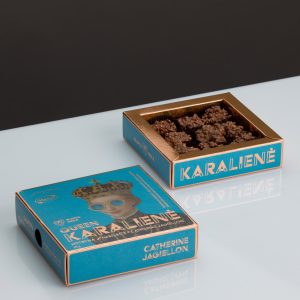 Two blue boxes of “Queen Catherine Jagiellon” sweets, one with the sweets visible