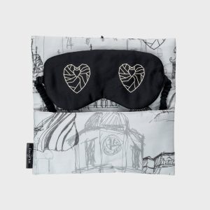 Black satin “Royal Vilnius Love Story” sleep mask in an open white case