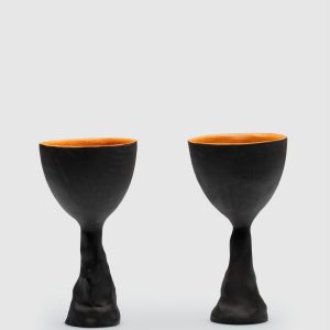 Two Kings' Goblets with sculpted black stems on a light background