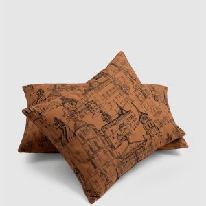 Two cinnamon satin pillowcases “Royal Vilnius Love Story” with a drawing of Vilnius