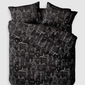 Anthracite satin bedding set “Royal Vilnius Love Story” with a white Vilnius drawing