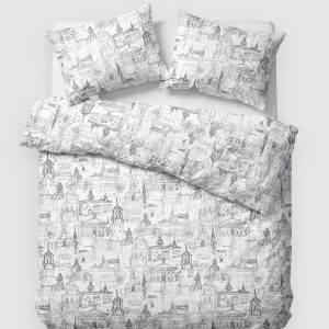 White satin bedding set “Royal Vilnius Love Story” with a Vilnius drawing on a bed