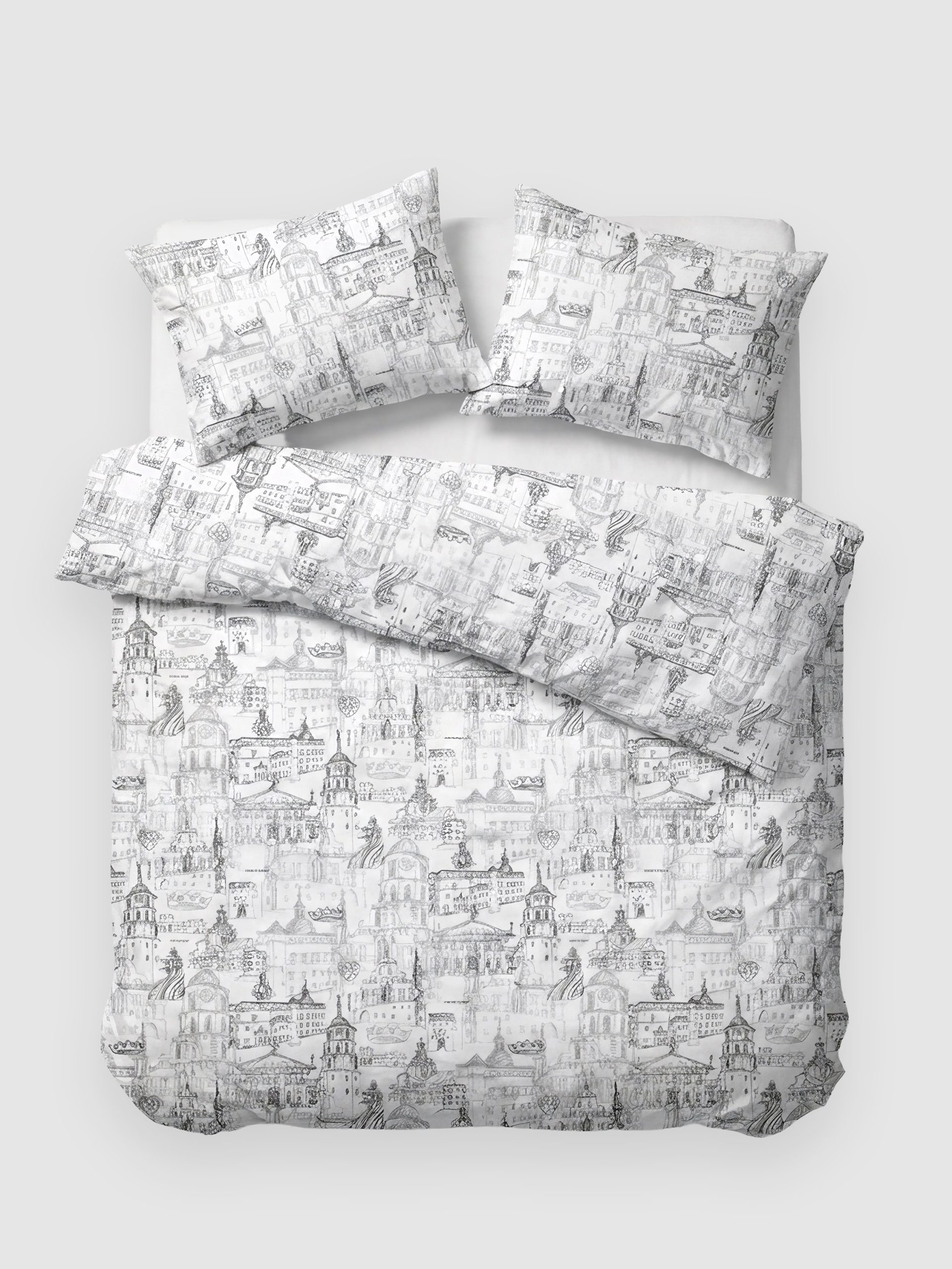White satin bedding set “Royal Vilnius Love Story” with a Vilnius drawing on a bed