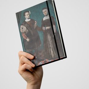 “Slapta meilė | A Romantic Sigh of Vilnius” notebook with a portrait of a couple, raised in a hand