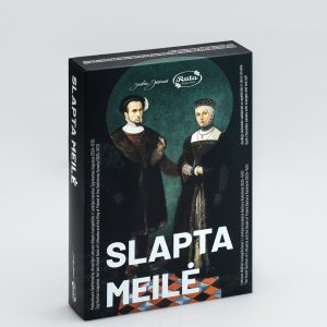 Pudełko pralin z ciemnej czekolady „Slapta meilė” z portretem Barbary i Augusta, widok z przodu
