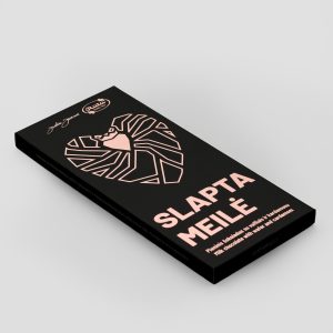 Black packaging of “Slapta meilė” milk chocolate with wafers and cardamom with a heart drawing, side view