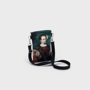 “Augustus” phone or glasses bag with a black strap on a light background, distant view