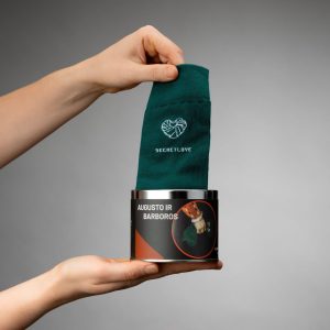 Hands pulling a green “Slapta meilė” sock out of the “Augustus and Barbara” tin gift box