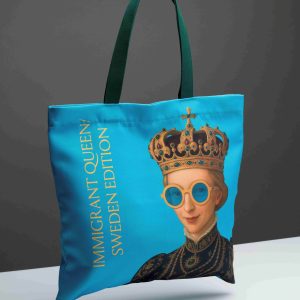 Blue “Queen Catherine” | IMMIGRANT QUEEN shopping bag with a portrait of a crowned queen, front
