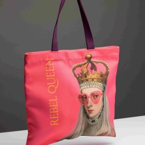 Różowa torba na zakupy „Królowa Barbara” z portretem królowej w koronie i napisem REBEL QUEEN