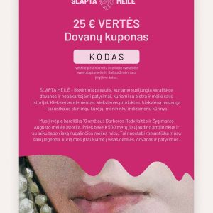 Rožinis SLAPTA MEILĖ 25 € vertės dovanų kuponas su lūpų ir perlų fragmentu