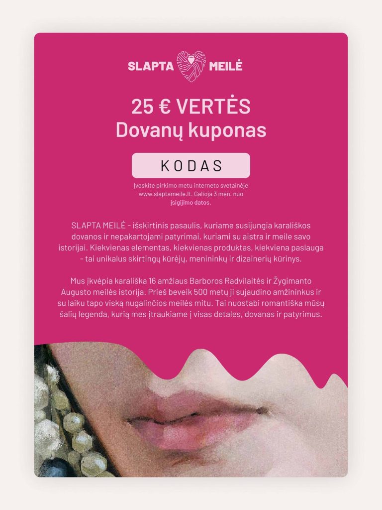 Rožinis SLAPTA MEILĖ 25 € vertės dovanų kuponas su lūpų ir perlų fragmentu