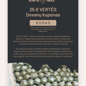 SLAPTA MEILĖ 25 € vertės dovanų kuponas tamsiame fone su perlų fragmentu apačioje