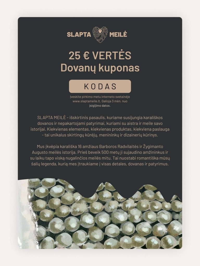 SLAPTA MEILĖ 25 € vertės dovanų kuponas tamsiame fone su perlų fragmentu apačioje