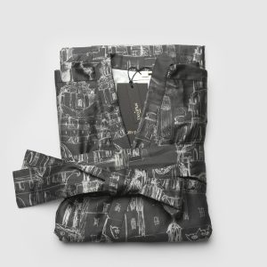 A folded anthracite “Royal Vilnius Love Story” satin kimono robe with a belt