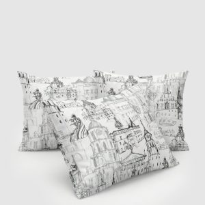 Two white satin pillowcases “Royal Vilnius Love Story” with a drawing of Vilnius Old Town