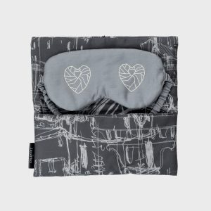 Grey “Royal Vilnius Love Story” satin sleep mask in an open dark case