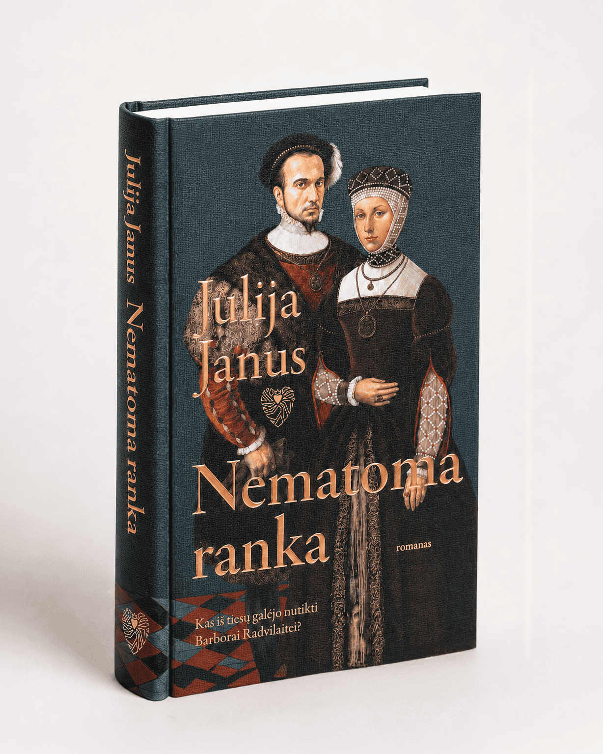 Julija Janus's book “The Invisible Hand” with a portrait of a historical couple on the cover, angled view