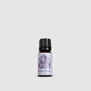 One dark glass bottle of “Royal Lavender” lavender essential oil on a light background