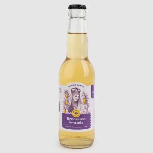 Bottle of “Renaissance Lavender” sparkling lavender lemonade with a purple label on a light background