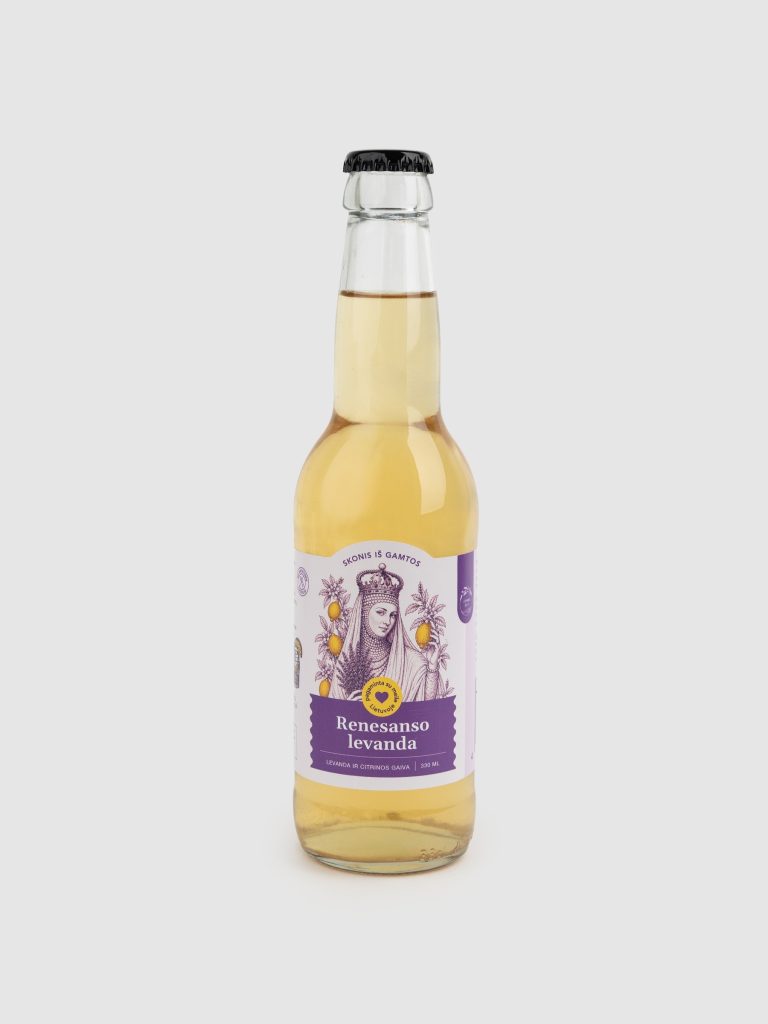 Bottle of “Renaissance Lavender” sparkling lavender lemonade with a purple label on a light background