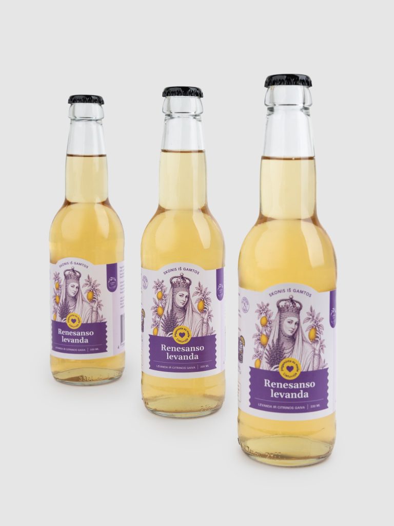 Three bottles of “Renaissance Lavender” sparkling lavender lemonade on a light background