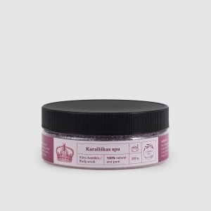 Closed jar of “Royal SPA” rose body scrub with a black lid