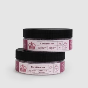 Two jars of “Royal SPA” rose body scrub stacked on top of each other
