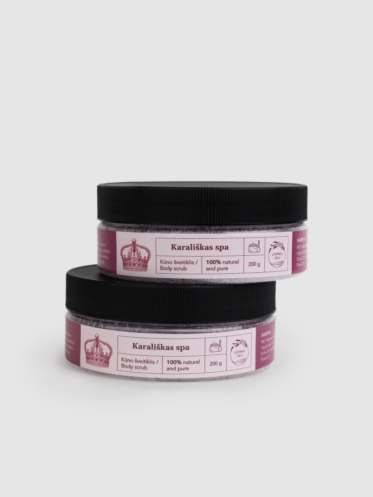 Two jars of “Royal SPA” rose body scrub stacked on top of each other