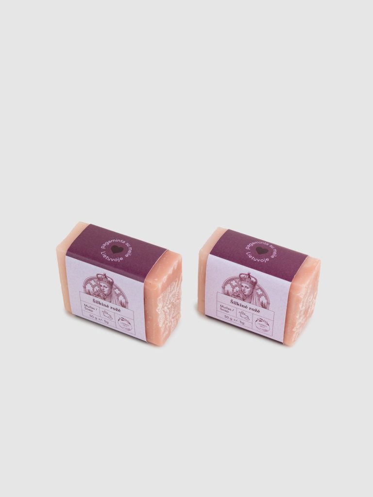Two small pink 50 g pieces of “Silky Rose” soap bar, angled view