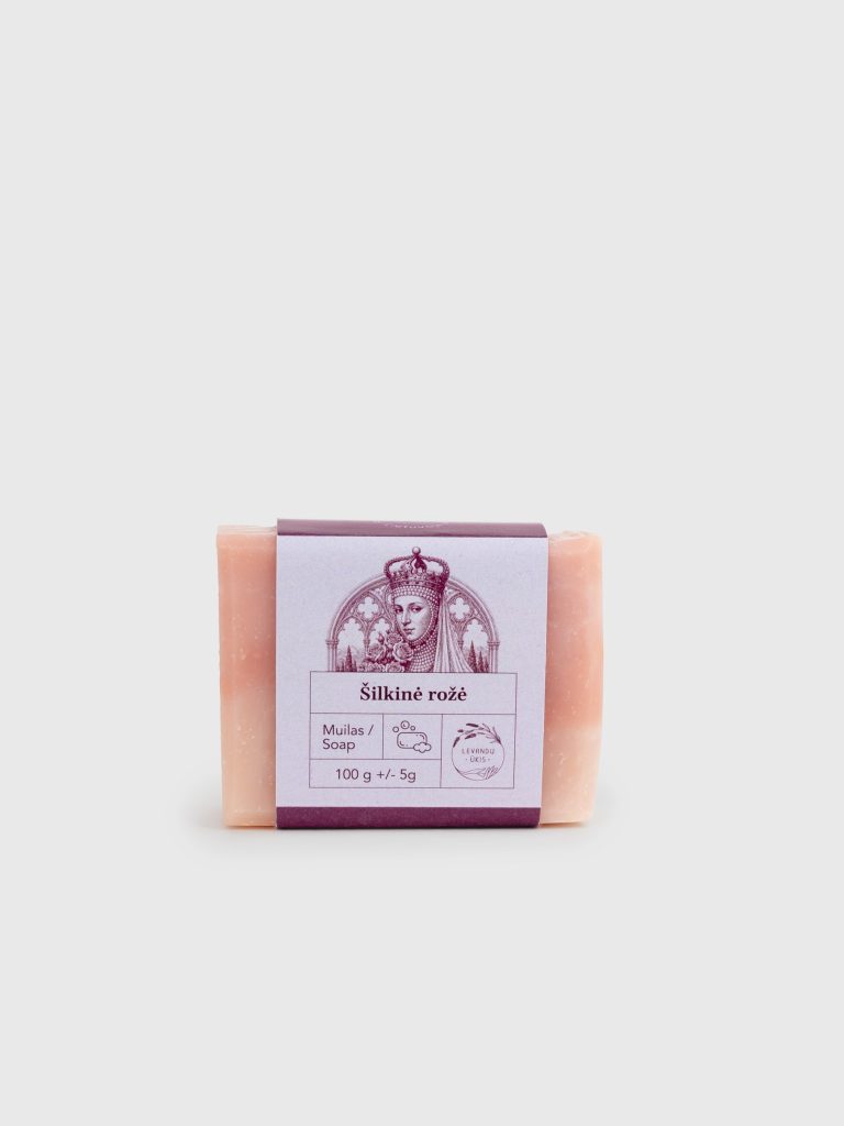 Pink “Silky Rose” soap bar with a purple label, front view