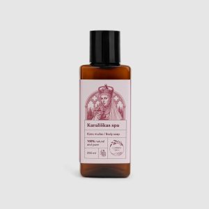 “Royal SPA” rose body wash in a brown bottle with a black cap on a light background